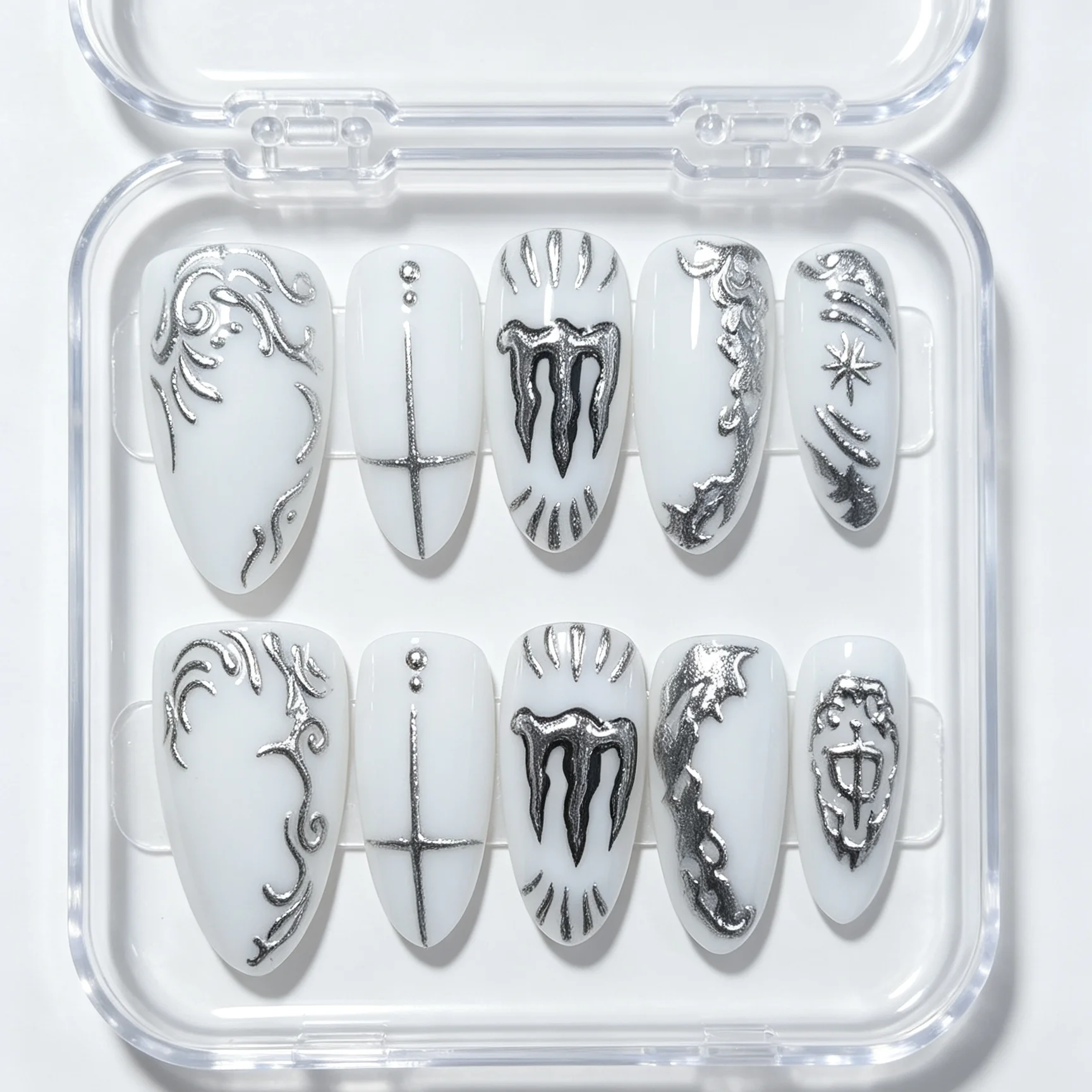 10 Pieces of Hand Pressed Almond Shaped Nails, Beautiful Fake Nails, White Background Silver Gothic Cross, Suitable for Women