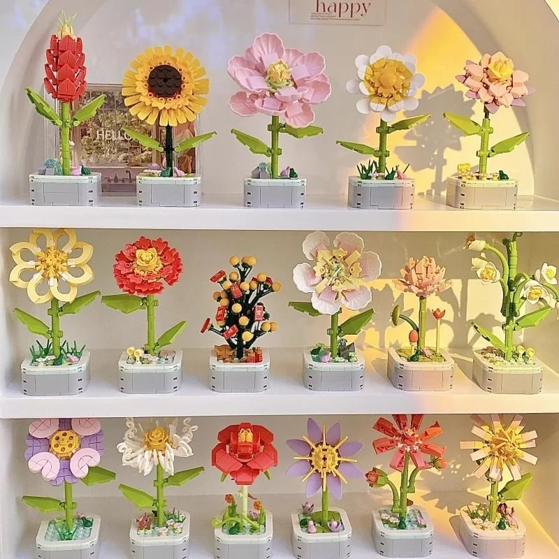 Perpetual Bouquet Tulip Flower Building Block 3D Model Home Decoration Plant Potted Assembly Bricks Valentine Child Gifts