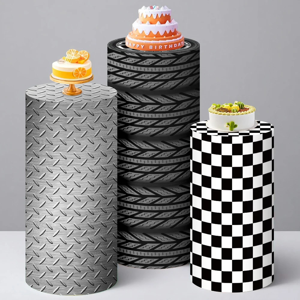 Kids Birthday Cylinder Covers Backdrop Racing Car Wheels Boys Party Decor BabyShower Cake Stand Plinths Pedestal Backdrop Cover