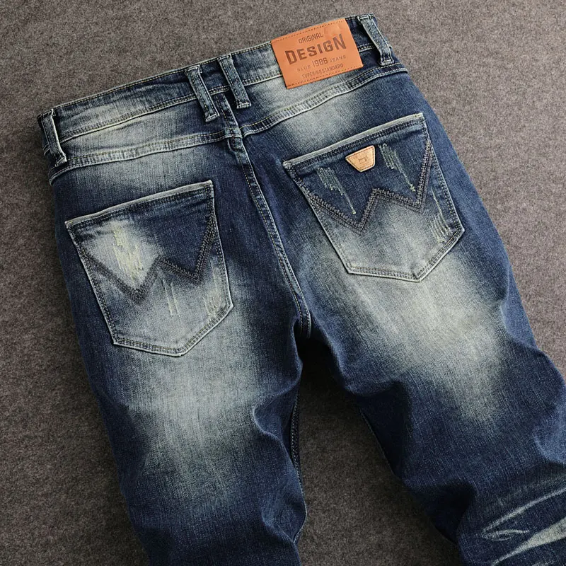 Designer Fashion Men Jeans Retro Washed Blue Stretch Slim Fit Ripped Jeans Men High Quality Y2K Vintage Casual Denim Pants