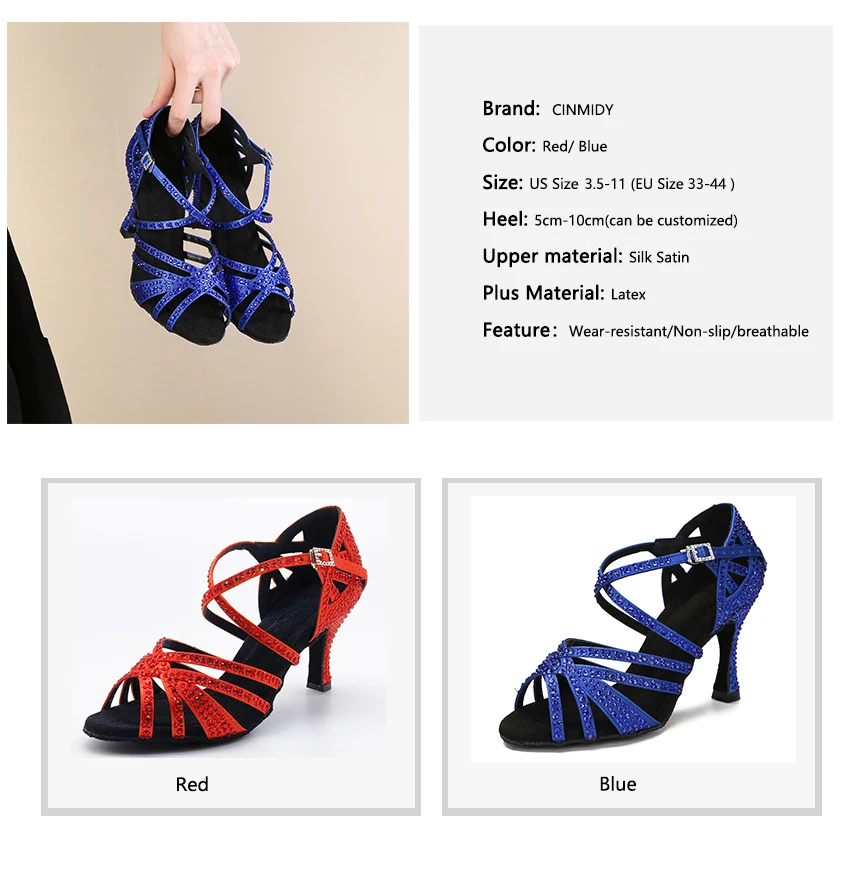 CINMIDY Blaue Latein-Tanzschuhe für Damen Tango Rumba Ballsaal Tanzschuhe mit Strass für Damen Rote Hochzeitsschuhe Walzer Tanzschuhe mit Absatz – Detail 4