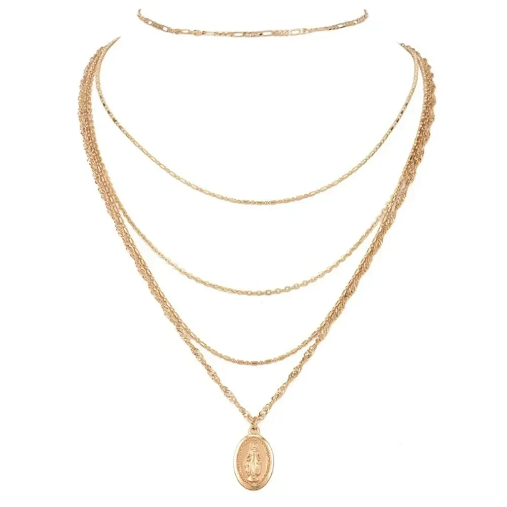 FSUNION 2025 New Fashion Virgin Mary Multilayer Pendant Long Necklace Set For Women Christian Gifts Vintage Chain Jewelry