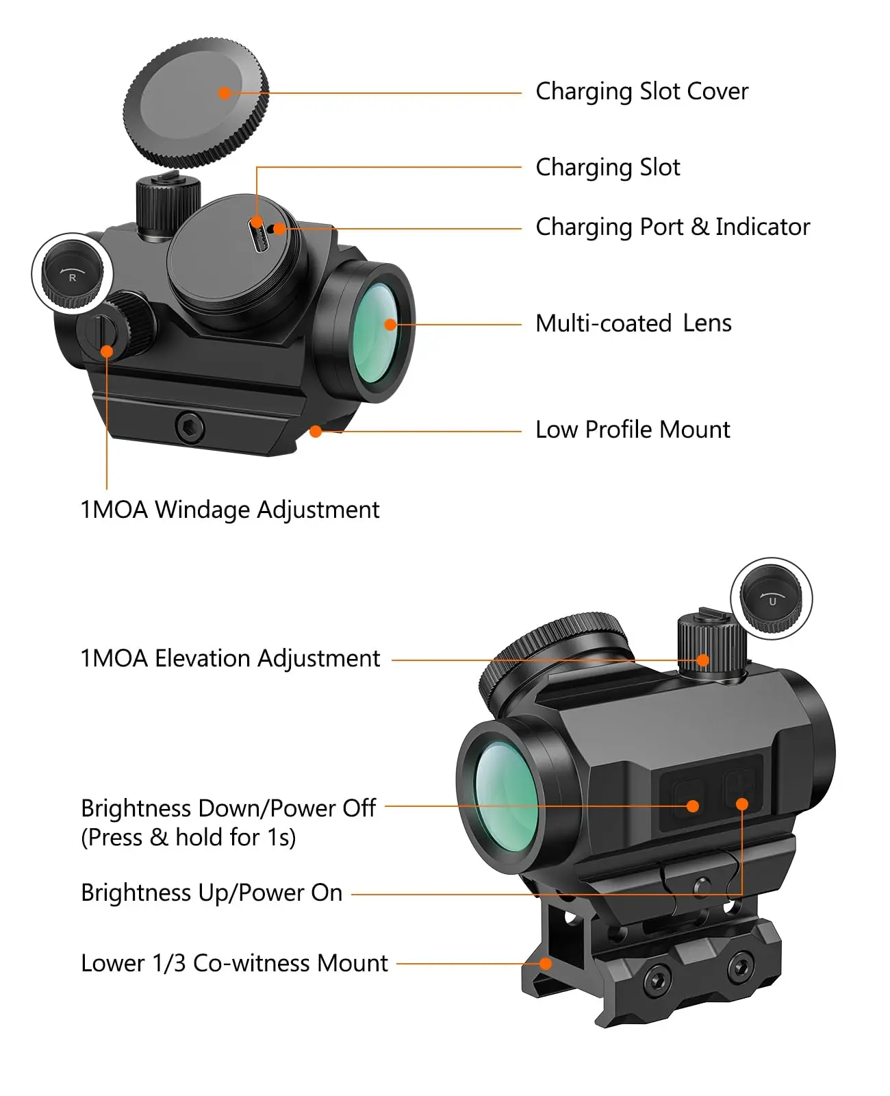 Recarregável Green Dot Sight Motion Awake 3 MOA Dot 1x21mm Óptica Co Witness Riser Baixo Perfil 20mm Picatinny Mount IPX7