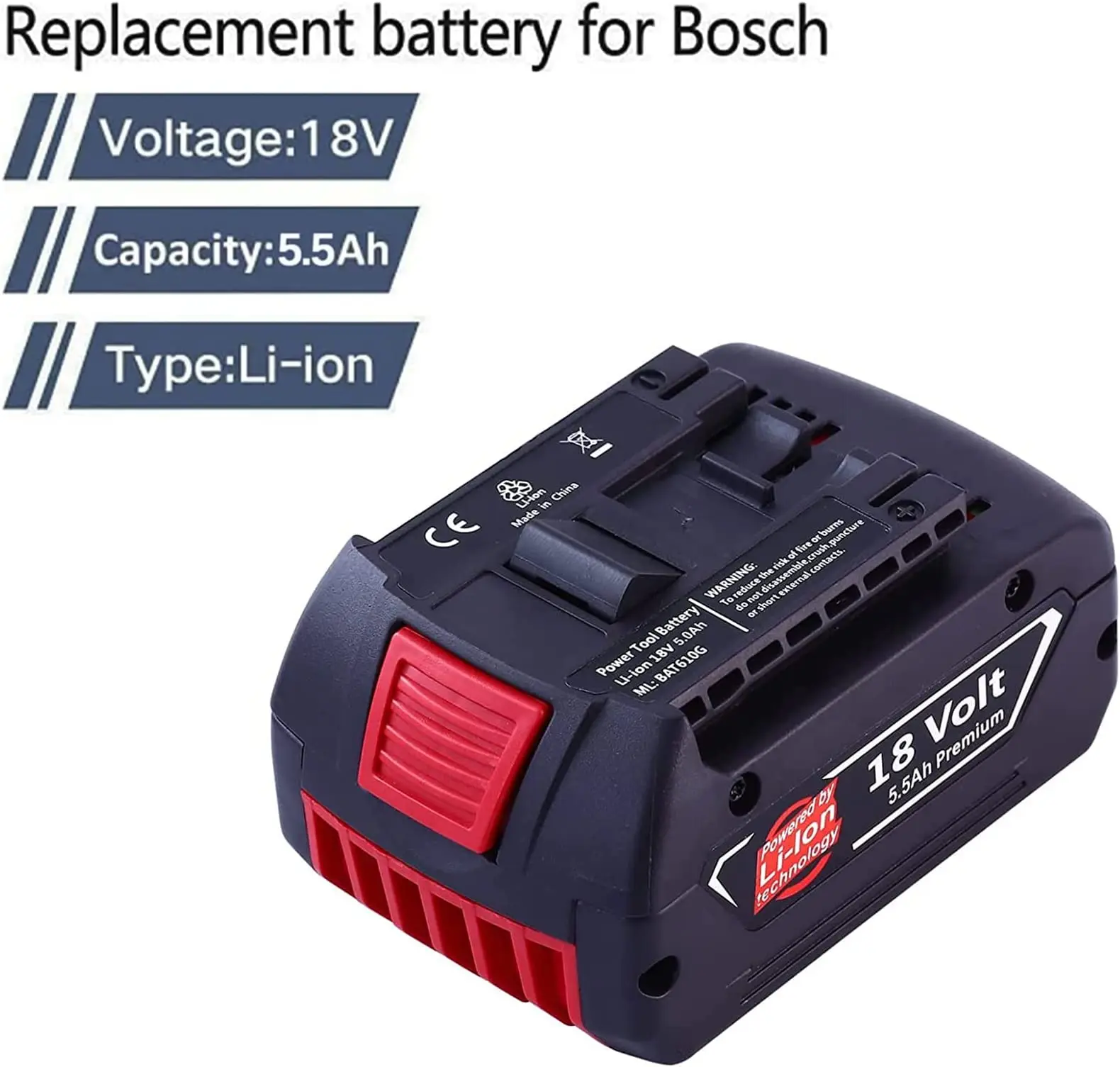 Bat609 bat610 bat618 bat619 18v 5500mah substituição da bateria de íon de lítio para bosch 18v profissional gba 18v gsr 18v