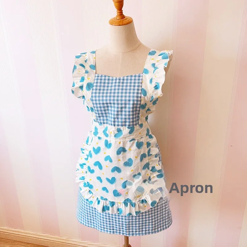 

Korean Style Pure Cotton Breathable Kitchen Apron Women's Fashionable Country Princess Summer Checkered Popular Internet Red ...