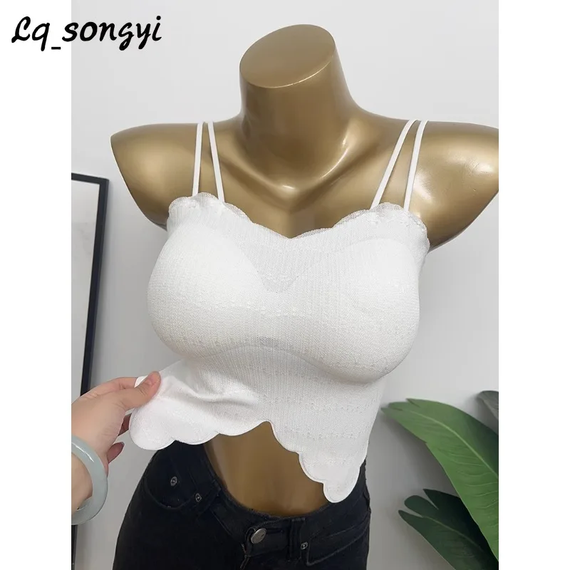 

Lq_songyi Butterfly Lace Slim Camis Women with Chest Pads Sleeveless Top Y2k Spaghetti Strap Crop Tops Female Solid Camisole