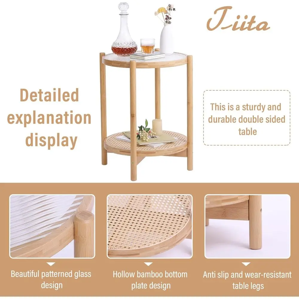 طاولة جانبية حديثة من الخيزران مستديرة 19.7 لغرفة المعيشة والشرفة والمكتب - قاعدة خشبية لسطح زجاجي داخلي/خارجي