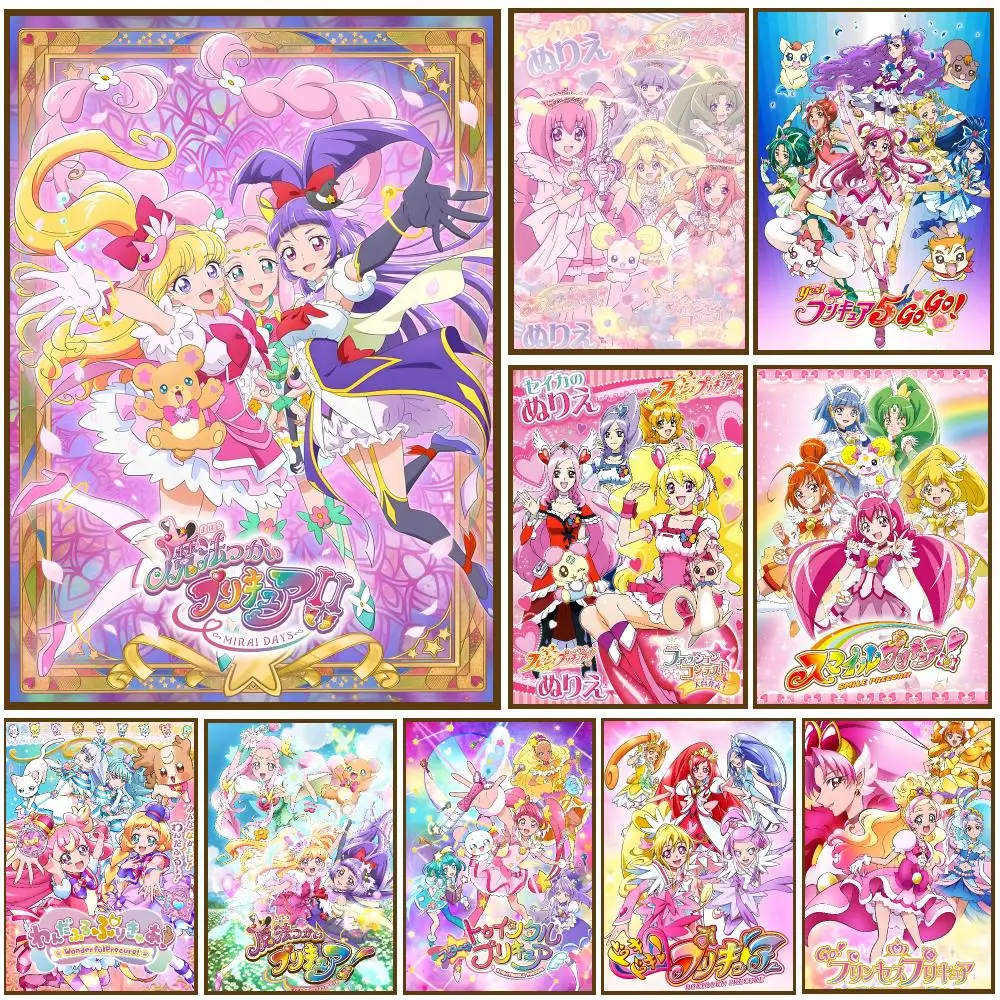 Pretty Cure Anime Magical Girl Poster Self-adhesive Advanced Aesthetic Printing Paper Wall Art for Living Room Home Decor