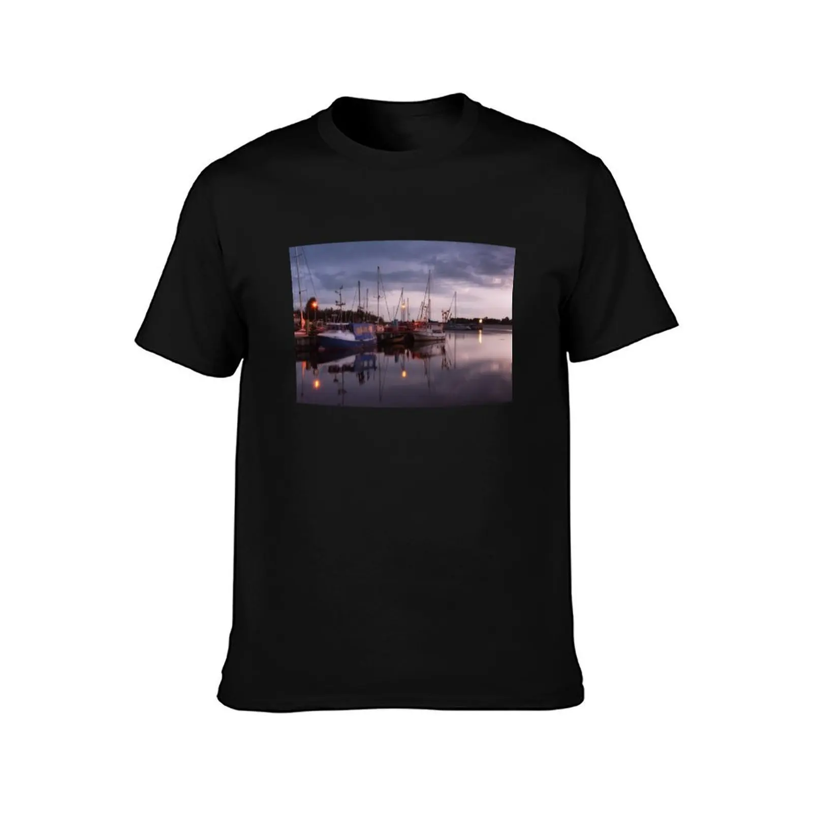 Fishing Boats in Thiessow Harbour at Dusk Ruegen Germany T-Shirt Summer Casual Cotton Tee Oversized Streetwear Tops