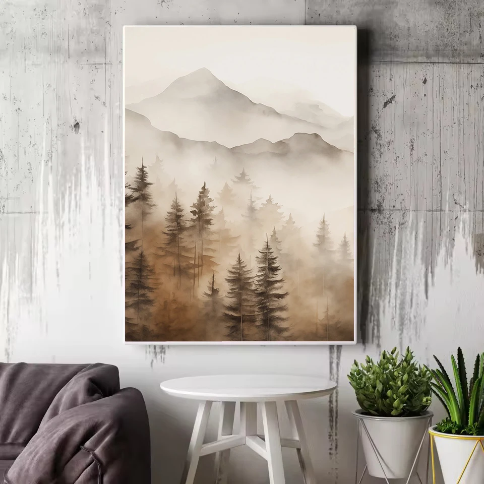 محايد المائية ضبابي الغابات الجبلية الطبيعة المشهد المشارك حائط لوح رسم الفن صور ديكور غرفة المعيشة المنزلي #4