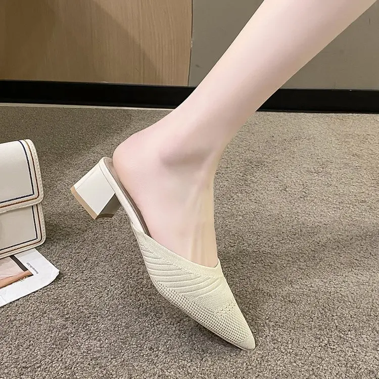 Pointed Toe Slippers Casual Med Shoes Slides Slipers Women Square heel Luxury Cover 2024 Summer Block Basic Fabric Rome Rubber H