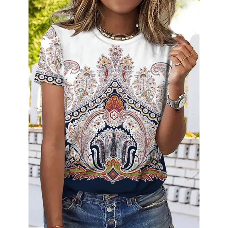 Summer Vintage Ethnic Style Geometric 3D Print T-shirts Women Streetwear Casual Short Sleeve T Shirt O-neck Tees Tops Clothing