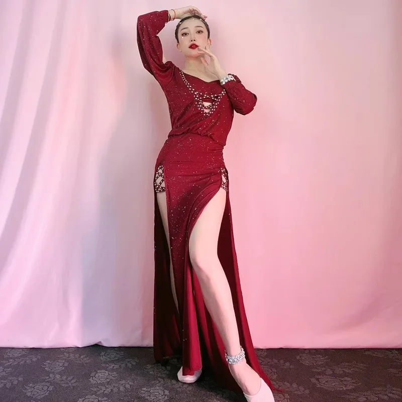 Aangepaste Buikdans Jurk V-hals Hot Diamond Split Mouw Dubbele Rok Body Taille Sjaal Hoofddoek Gewaad + Riem + Veiligheidsbroek + Vest