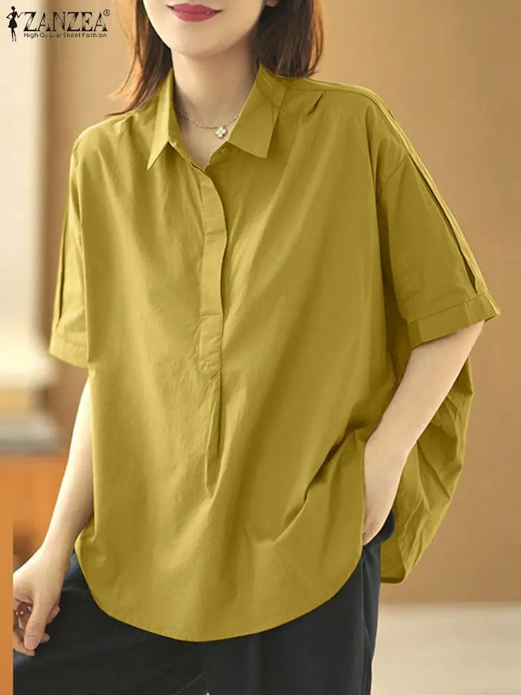 ZANZEA Oversize Summer Blouse Solid Shirt Vintage Loose Casual Female Party Tops Fashion Women Lapel Neck Short Sleeve Blusas