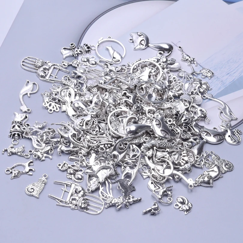 30/50Pcs Silver Color Enamel Flower Cat Dream Net Series Random Mix Pendant Supplies Jewelry Handmade Craft Alloy Accessories