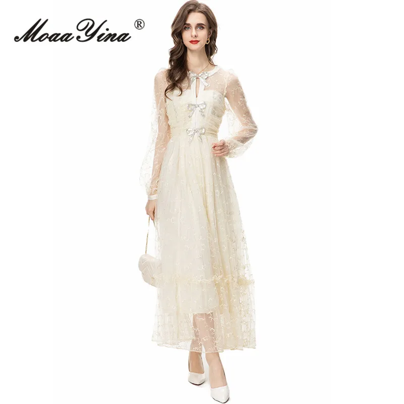 MoaaYina Autumn Fashion Designer Beige Vintage Mesh Dress Women O Neck Embroidery Beading Bow Ruffles High Waist Slim Long Dress