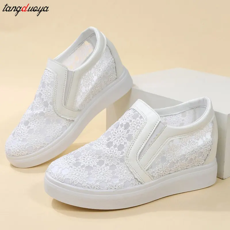 Women Shoes Fashion Summer White Lace Flower Sneakers Casual mesh Breathable Wedge Platform Sneakers Women Loafers plus size 42