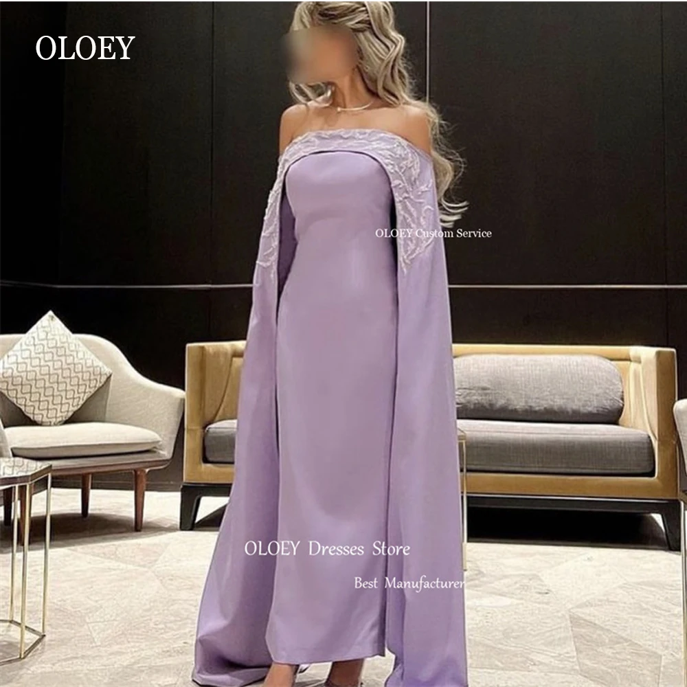 OLOEY Elegant Lilac Evening Dresses Long Cape Sleeves Off the Shoulder Embroidery Saudi Arabic Lady Formal Prom Gowns Occasion