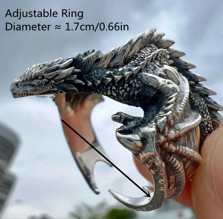 Retro Silver Color Winged Dragon Ring Symbolizes Power, Domineering and Adjustable Opening Ring, Jewelry Accessory Gift