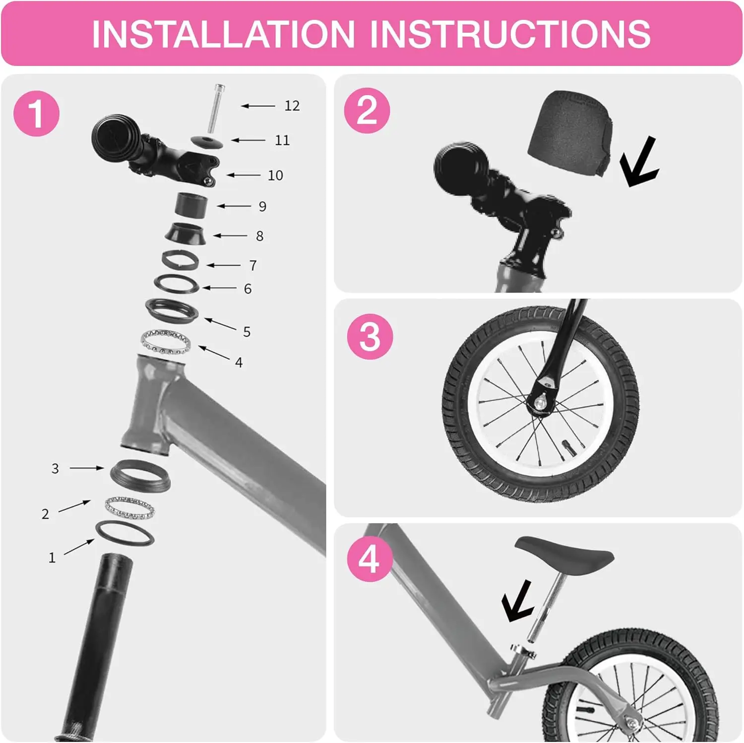 Kids Balance Bike Ultralight Durable Aluminum Alloy Frame 12 Inch EVA Wheel for Toddlers Age 2~5 Years, Pink