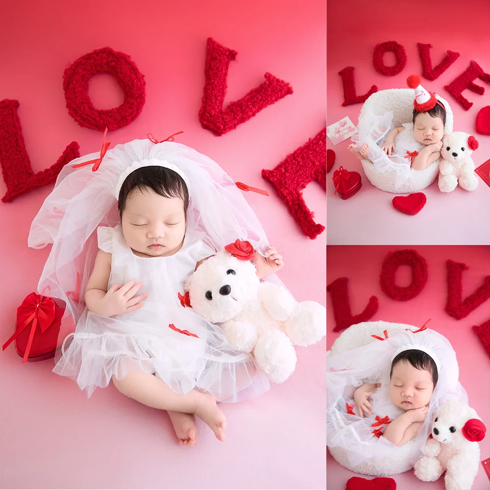 Newborn Photography Props Baby Girl White Tulle Dresses Teddy Bear Valentine Theme Heart Shaped Decor Prop for Studio Photoshoot