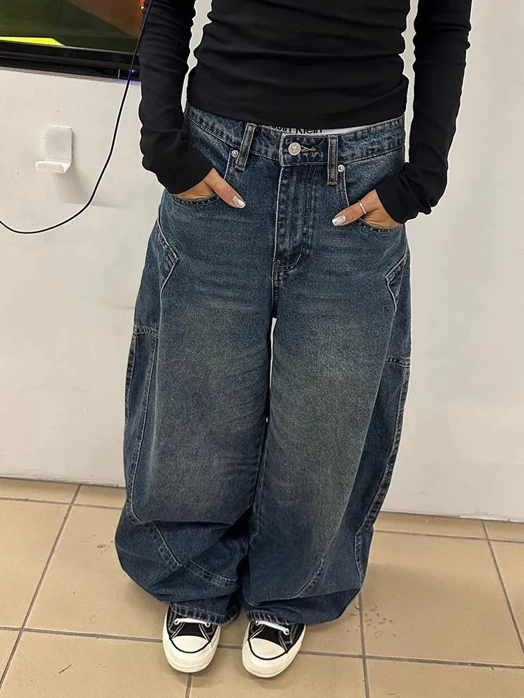 

plus Size American Retro Wide Leg Denim Jeans Women Loose Slim Straight Old Faioned Floor-Length Pants Casual High Waist Lo...