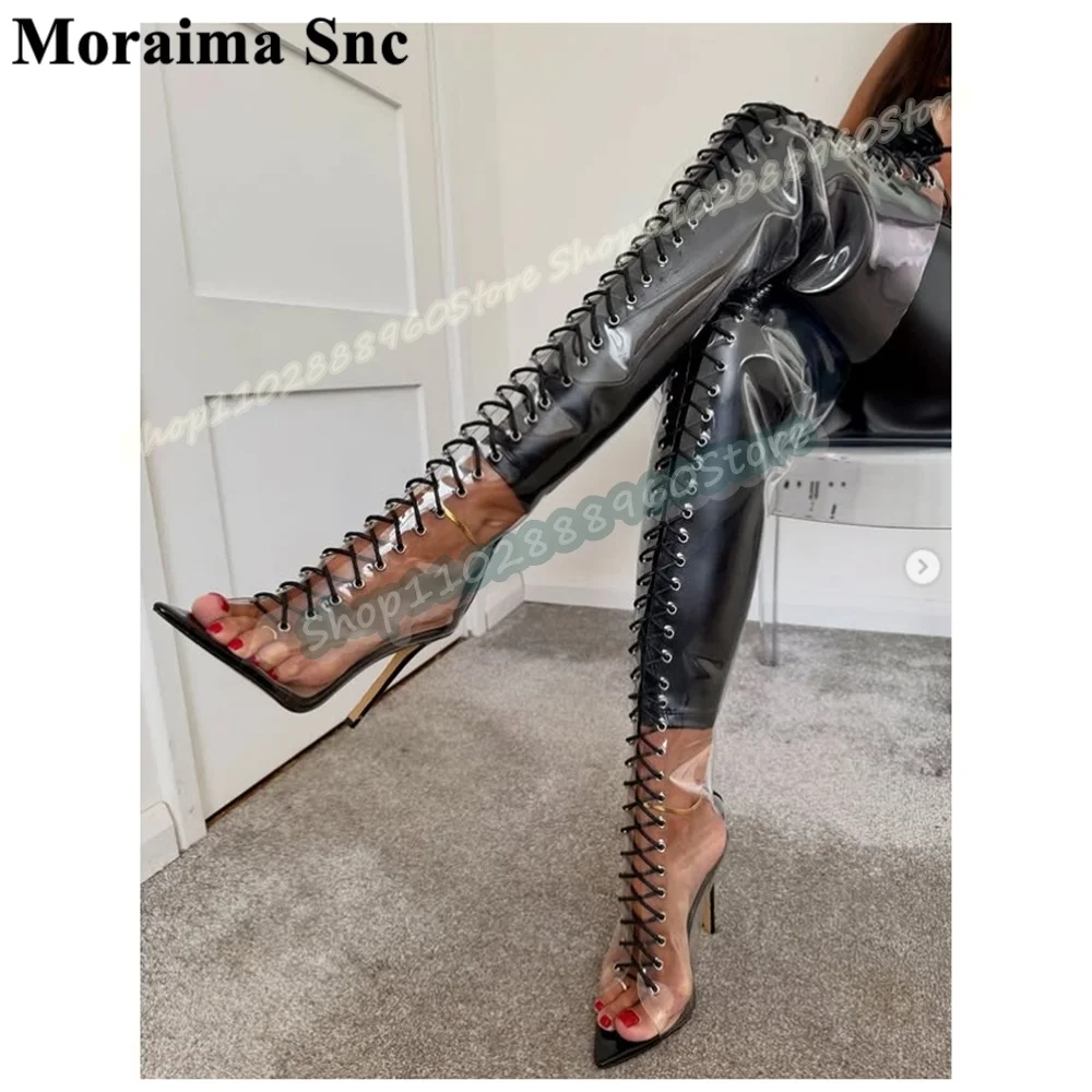 

Thigh High Transparent PVC Cross Tied Boots Stilettos High Heel Shoes For Women Back Zipper Peep Toe Stylish Zapatos Para Mujer