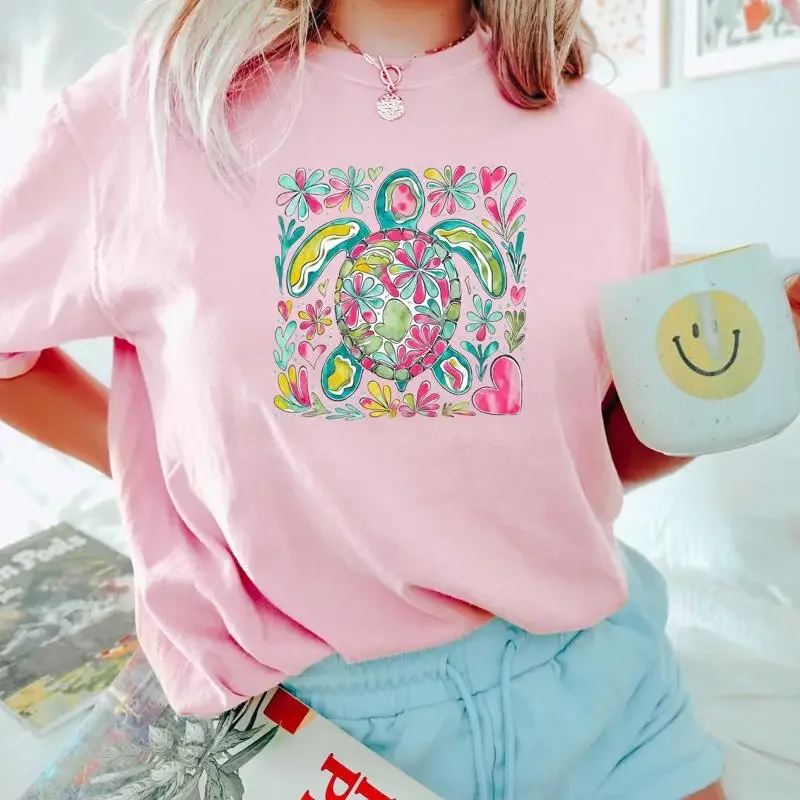 Sea Turtle T Shirt Colorful Tortoise Summer Beach Crewneck Save Ocean Popular Marine S For Her