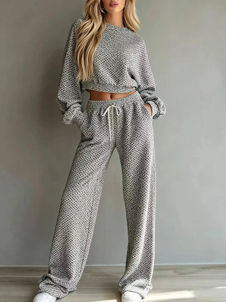Women 2 Piece Knit Outfit Long Sleeve Crop Top Drawstring Wide Leg Pants Set Grey Textured Loungewear Casual Jogging Tracksuit