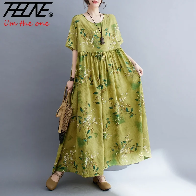 Dress Women Robe Vintage Mori Girl Style Vestidos Para Mujer Maxi Print Oversized Floral Loose Casual Cotton Linen Bohemian