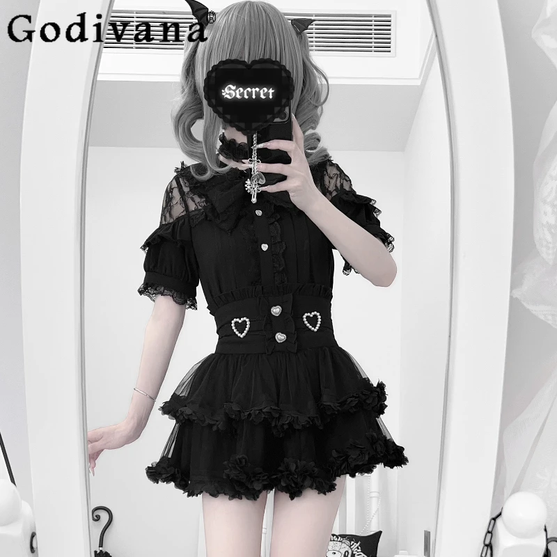 

Japanese Mine Subculture Short-sleeved Shirt Girl's Cute Big Bow Navy Collar Lolita Style Shirt Top Mini Elastic Waist Skirts