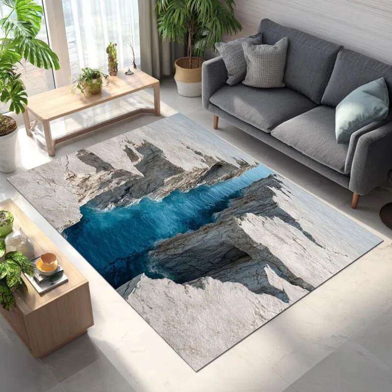 3D Canyon Crack Rug Realistic Geological Fault Carpet with Blue Abyss Optical Illusion Floor Mat for Modern Living Room Decor