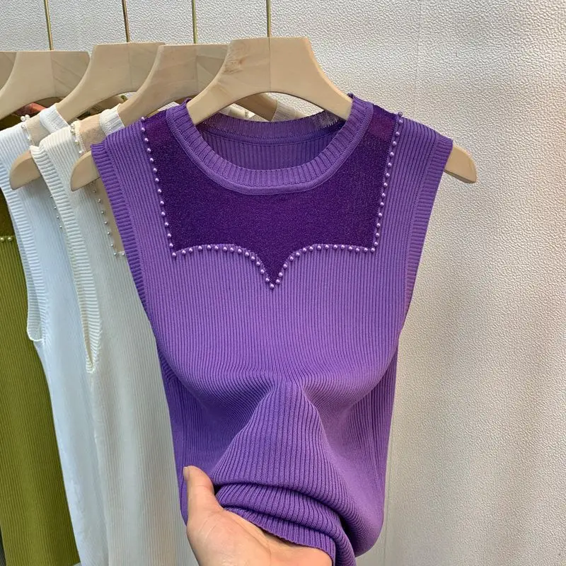 Sexy Beaded Hollow Thin Ice Silk Vest Top Women's Summer Gauze Spiked Knit Oversized Slip Top 2026 Women Tank