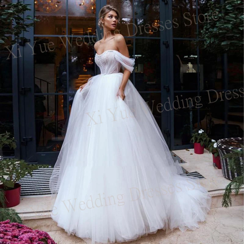 Vestido de novia elegante con escote Corazón, traje de novia con apliques de encaje, hombros descubiertos, sin mangas, tul, 2024