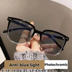 Fashion Photochromic Myopia Glasses Man Woman Square Anti Blue Light Finished Prescription Eyewear Ultralights Retro Glasses