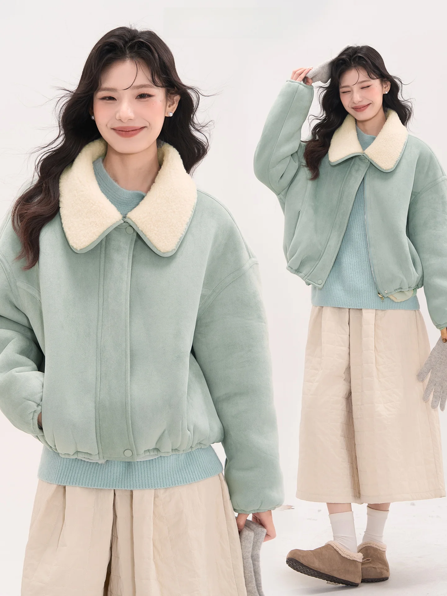 

Heme женское замшевое пальто с воротником из овечьего меха, внутренняя верхняя одежда, длинное зимнее пальто из полиэстера, полиуретановое волокно