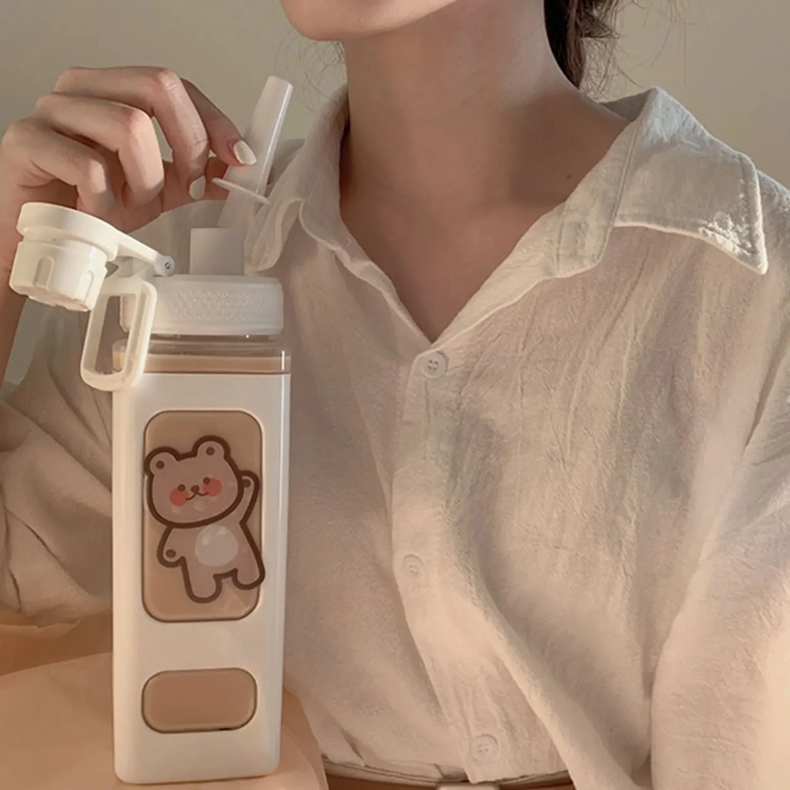 700ml Cute Water Bottle for Girls with Lid Straw Sticker Plastic Juice Milk Portable Kawaii Tumbler Children's Drinkware