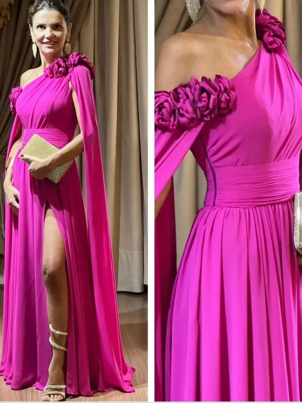 Elegante vestido longo fúcsia chiffon, vestidos para mãe da noiva com fenda, sereia, um ombro, até o chão, vestido de festa para casamento