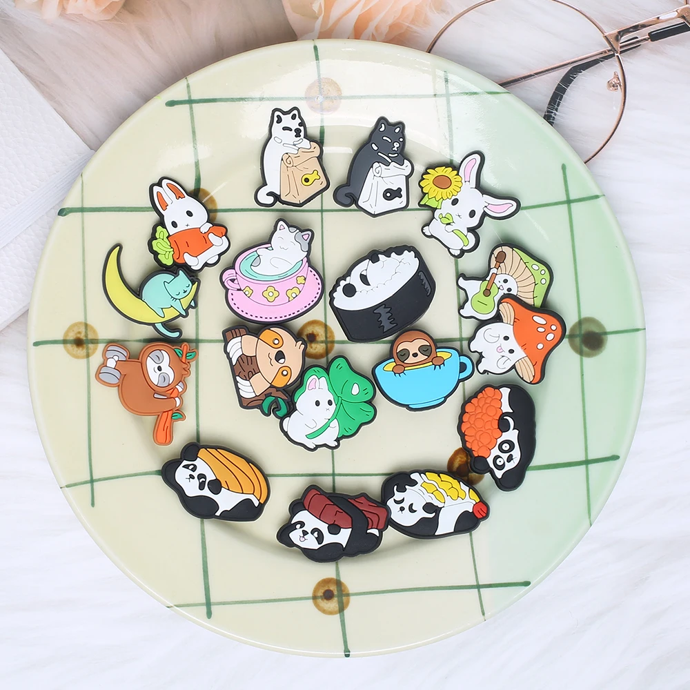 Single Sale 1pcs Cute Animal and Sushi PVC Shoe Charms accessories decoration Buckles Accessories Fit Bands Bracelets