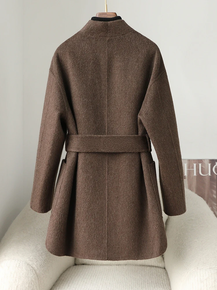 High end coffee colored short double-sided velvet coat for women, medium and long styles, 2024 new autumn and winter look slim