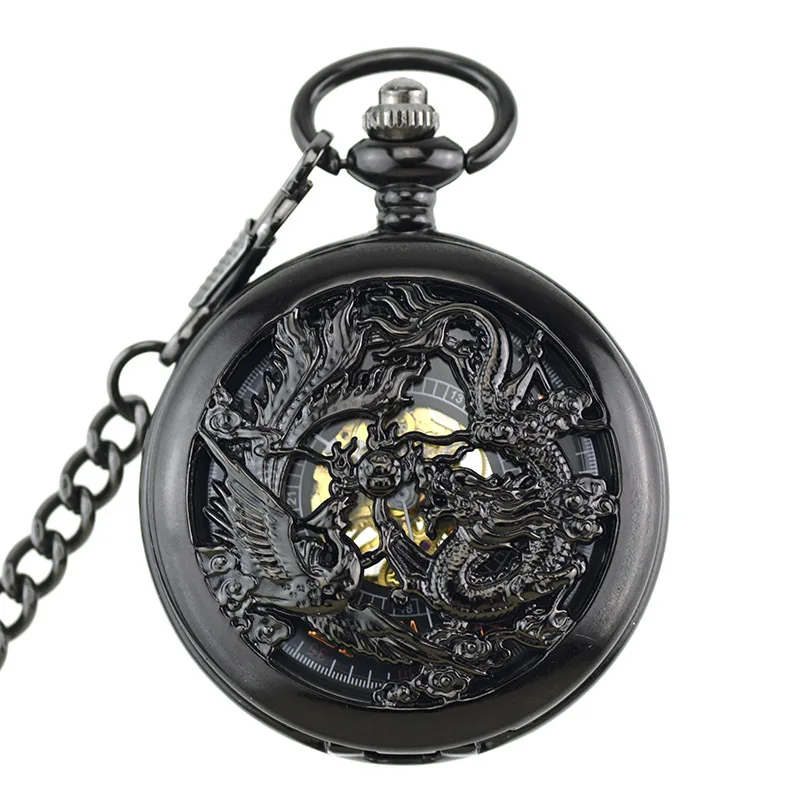 Vintage Classic Steampunk Skeleton Black Alloy Chinses Flying Dragon&Phoenix Mechanical Hand Wind Pocket Watch FOB Chain Clock