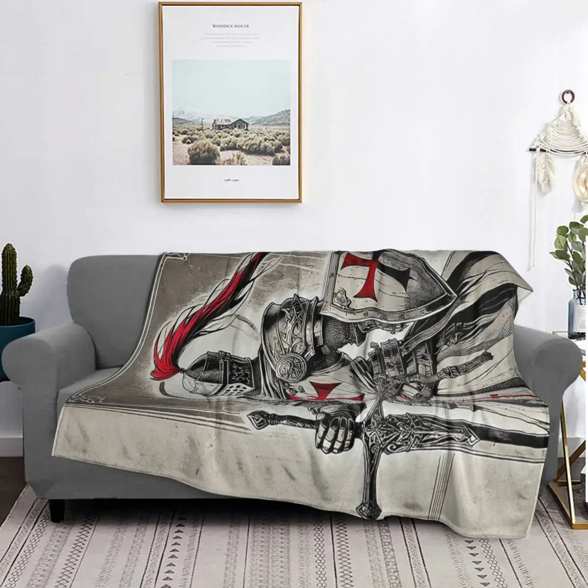 Knights Templar Flag With Coat Of Arms Medieval Warrior Cross Blanket Soft Flannel Throw Blanket Bedspread for Bed Living room