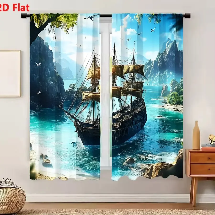 Vivid Tropical Voyage Sailing Ship Window Curtain Waterproof Blue Ocean Coastal Decor Curtain for Bedroom Bathroom