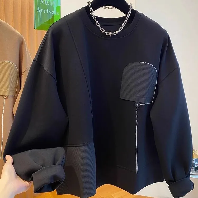 

Свободная толстовка унисекс с круглым вырезом, асимметричным дизайном и вставками в стиле пэчворк, дышащая, удобная, для повседневной носки весной и осенью