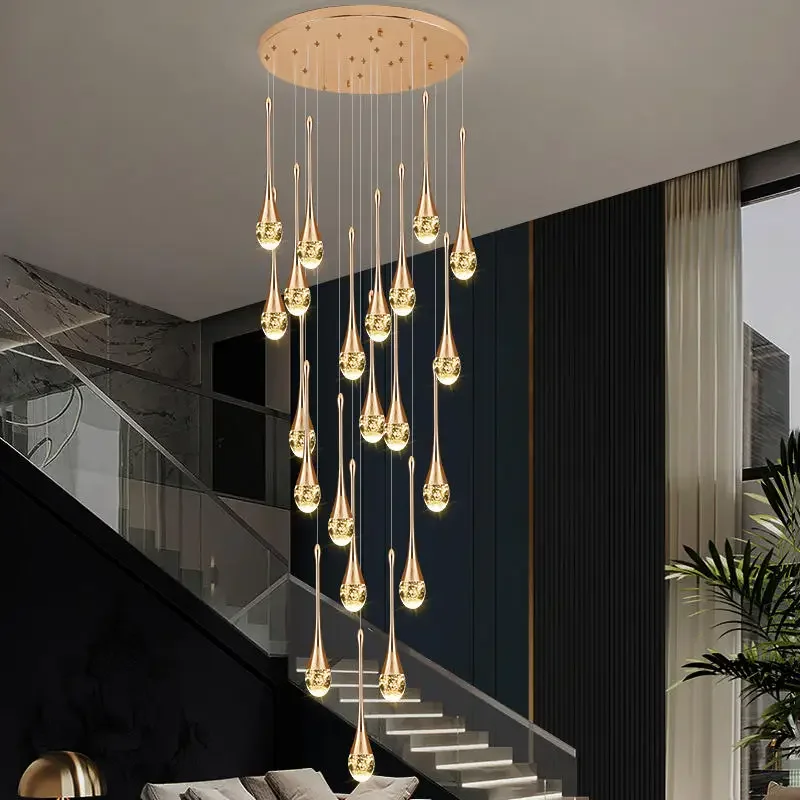 Modern Crystal LED Chandeliers For Living Room Lobby Luxury Cristal Long Staircase Hanging Lights Creative Gold Indoor Luminaire