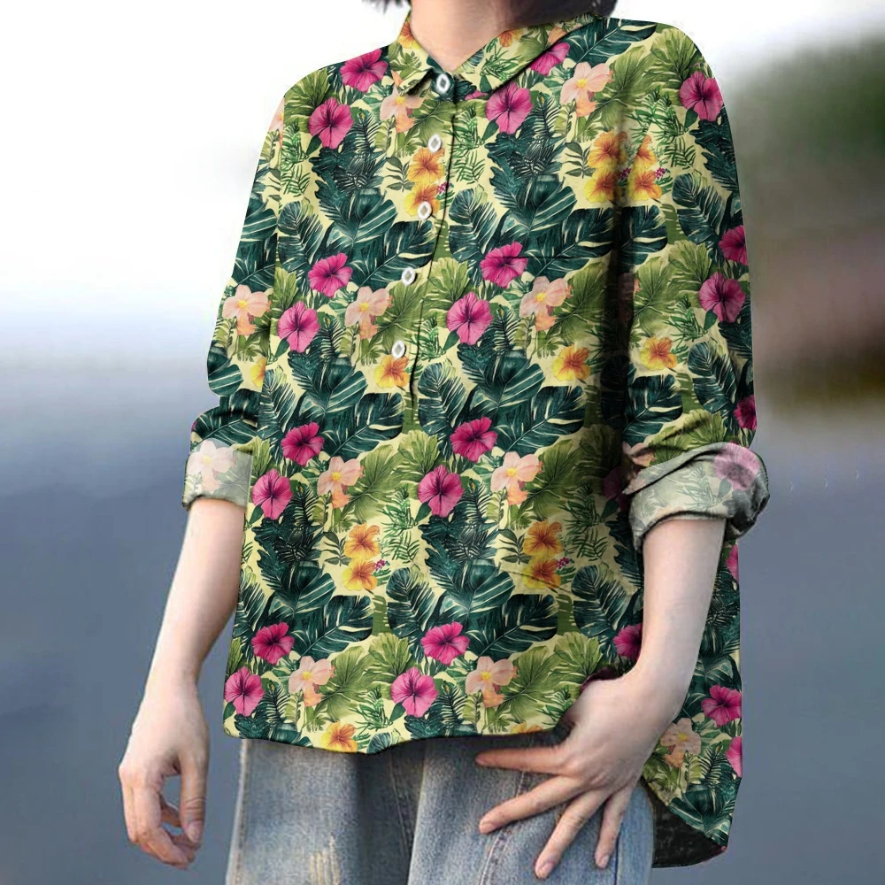 Fashion Pastoral Flower Printed Shirt Women's Casual Lapel Irregular Chic Long Sleeve Shirt Vintage Versatile Top