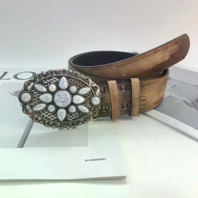 Vintage White Stone Buckle Belt Engraved Flower Belt Embossed Leather Belt Boho Western Belt Jeans Belt