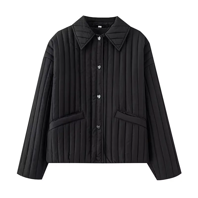 Herbst Neue Damen Baumwolle Jaet Herz Aped Button Dekorativ 2025, SLE Warm Long Sve Flip Collar Mantel Polyesterfaser