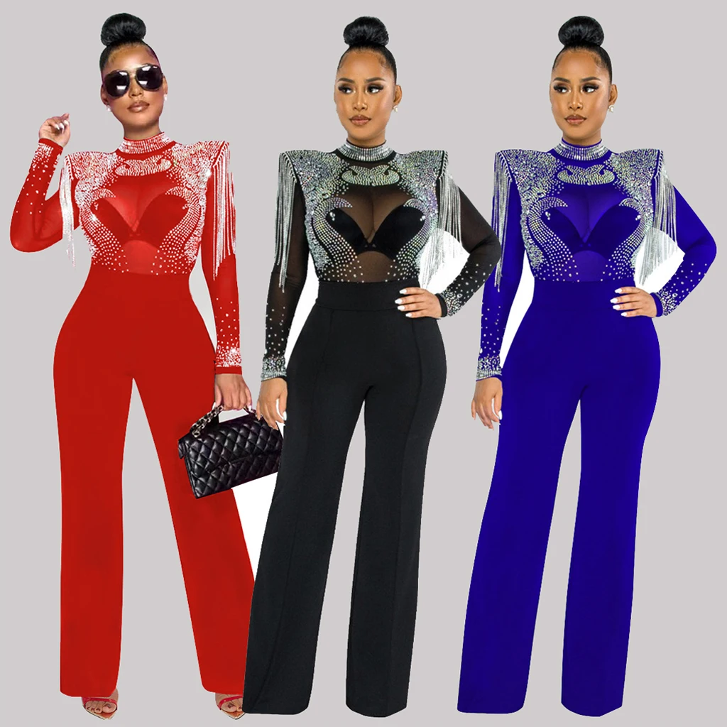 Women's Stage Dinner Jumpsuit Solid Color High Collar Hot Diamond Mesh Shoulder Cotton Long Sleeved Straight Tube Party Jumpsuit