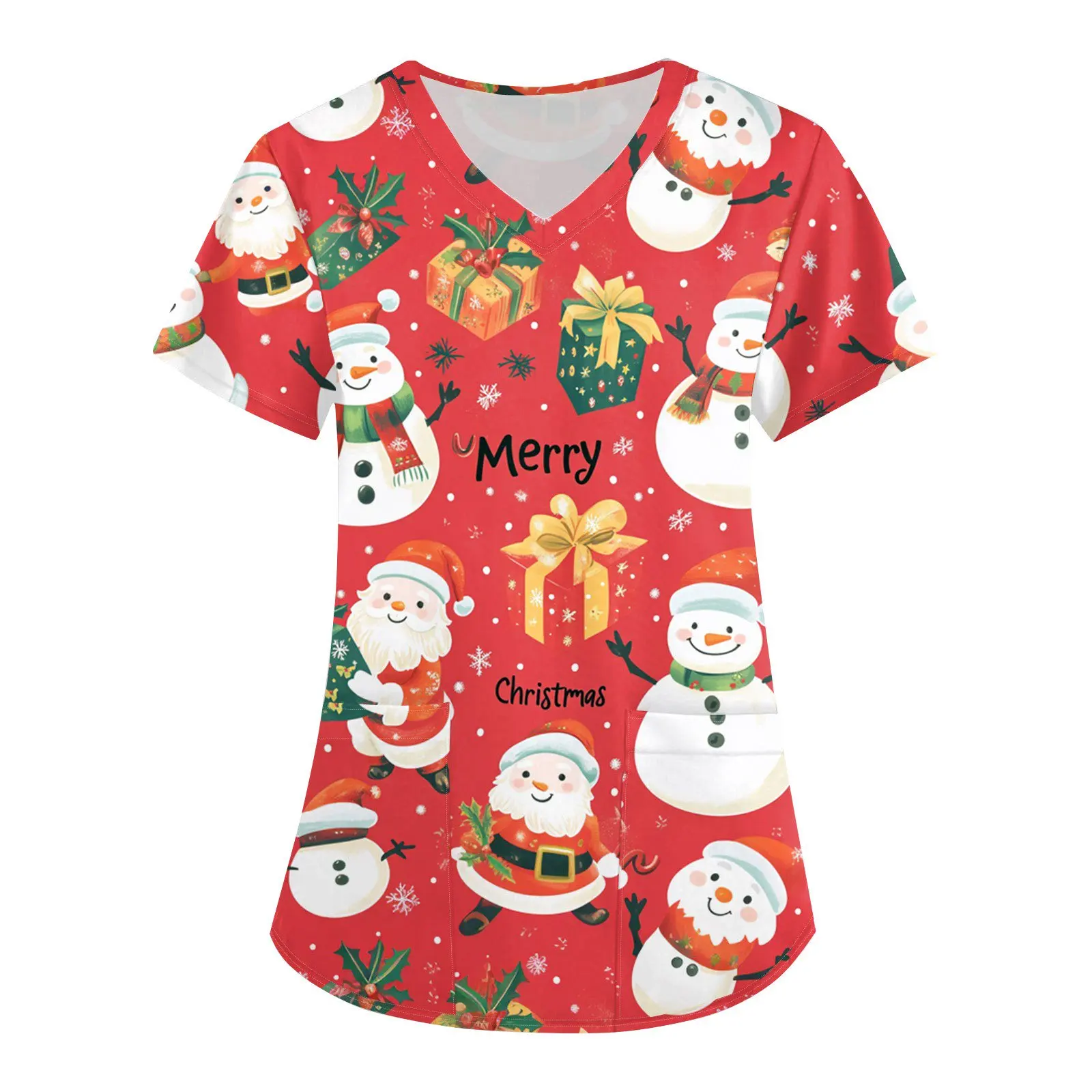 الدعك الطبية لعيد الميلاد للنساء، قطع علوية متدرجة للنساء، طباعة الأزهار، ممرضة قصيرة الأكمام، رقبة على شكل V، ملابس العمل الموحدة B